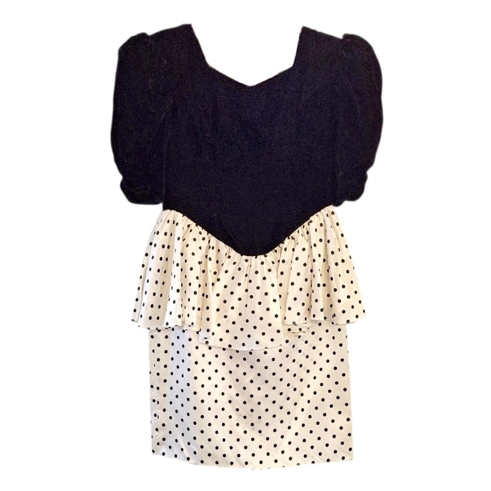 Vintage Gunne Sax Girls Black and Ivory Polkadot Formal Dress Velvet 12